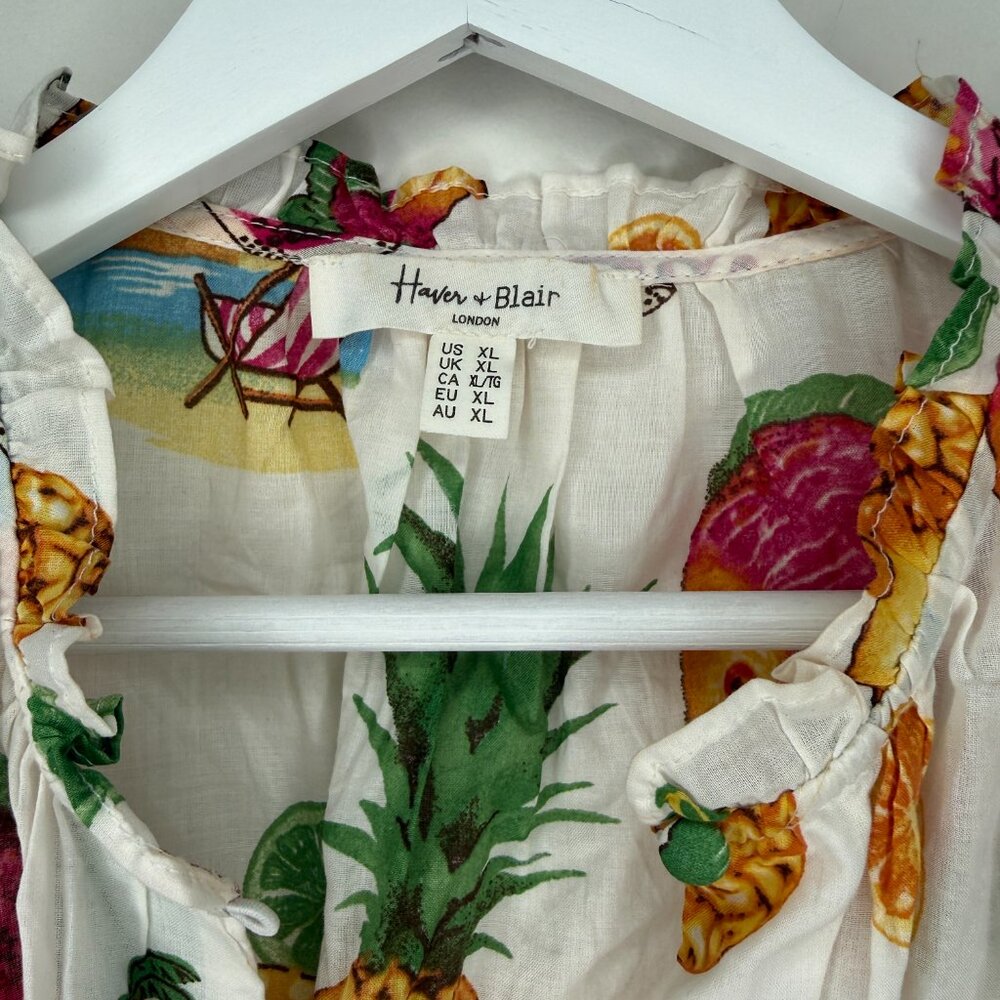 Tropical Pineapple Button Blouse Ruffle Sleeve Ti… - image 4